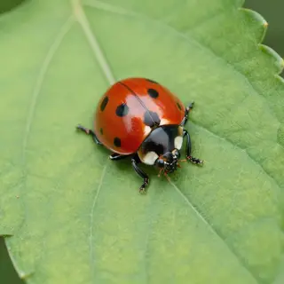 A ladybug sitting on a large green leaf, shown at realistic 