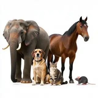 A group photo of an elephant, a horse, a dog, a cat, and a m