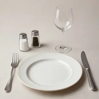 A dinner table scene with a plate, fork, knife, wine glass, 