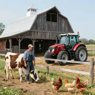 A farm scene with a barn, tractor, farmer, cow, chicken, and
