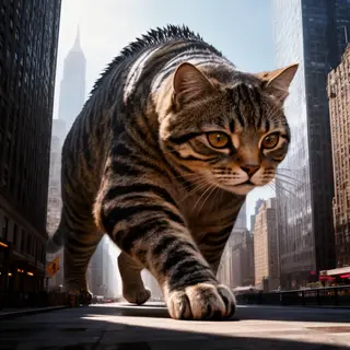 A giant tabby cat walking between city skyscrapers like a ka