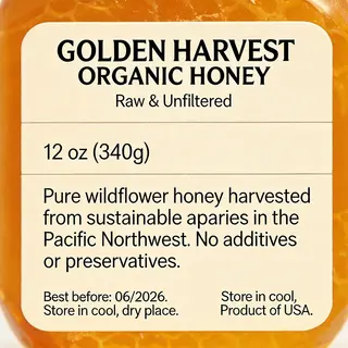 A product label for 'GOLDEN HARVEST ORGANIC HONEY' with subt