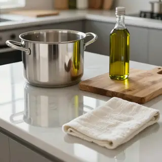 A kitchen counter with a stainless steel pot, a wooden cutti