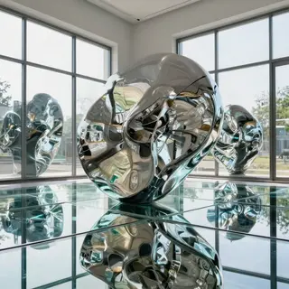 A chrome sculpture in a room with a glass floor and large wi