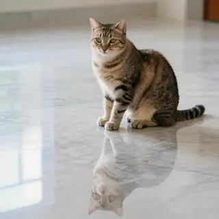 A cat sitting on a polished marble floor with its reflection