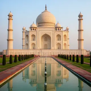 The Taj Mahal in Agra seen from the reflecting pool, with ac