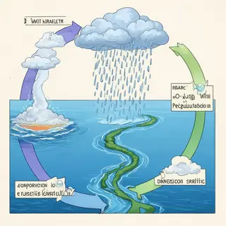 A detailed diagram of the water cycle showing evaporation fr