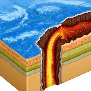 A cross-section showing tectonic plates at a convergent boun