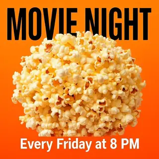 A movie night poster with a large popcorn image in the cente
