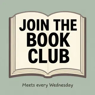 A book club poster with an open book illustration, the title