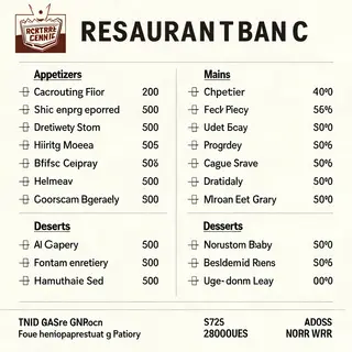 A restaurant menu layout with a logo header, three category 