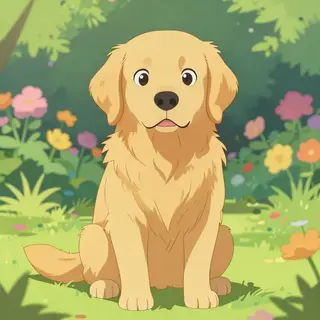 A golden retriever sitting in a garden, rendered in Japanese