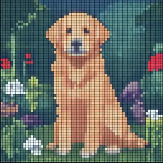 A golden retriever sitting in a garden, rendered in pixel ar
