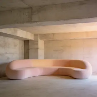 An interior scene rendered in soft brutalism — raw concrete 