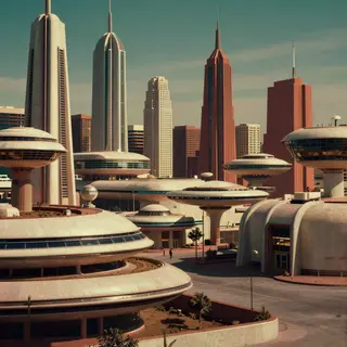 A cityscape rendered in nostalgic futurism — retro-futuristi