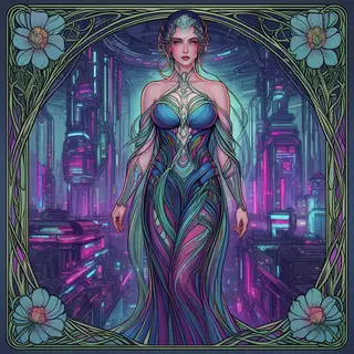 A woman in a futuristic city rendered in cyberpunk Art Nouve