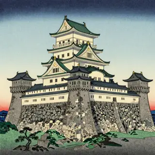 A medieval castle depicted in Japanese ukiyo-e woodblock pri