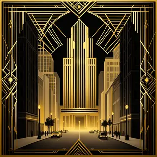 A city street scene in the style of Art Deco — geometric sha