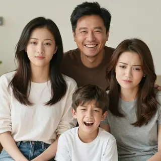 A family photo with four people: a father beaming with pride