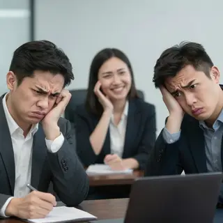 Three coworkers in a meeting: one looking frustrated with fu