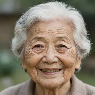 An elderly woman in her 80s with deep wrinkles and white hai