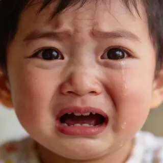 A 5-year-old child with round cheeks and large eyes, crying 