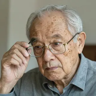 An elderly man in his 70s with age spots and thinning gray h