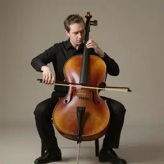 A cellist seated with correct posture, legs around the instr