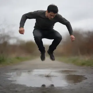 A man captured mid-jump over a puddle, body in the air with 