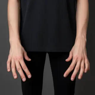 A person standing with both hands visible at their sides, fi