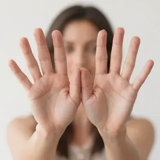 A woman holding her hands out in front of her palms-up, all 