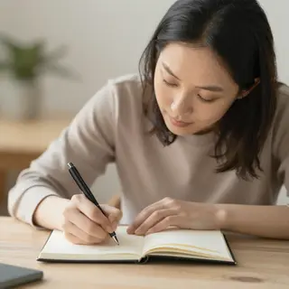 A woman writing in a notebook with a pen gripped correctly i