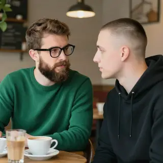Two men at a cafe: one with a beard and glasses wearing a gr