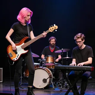 Three musicians on stage: a tall woman with short pink hair 