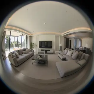 A wide-angle shot of a modern living room interior showing e