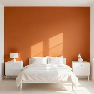 A bedroom wall painted in #FF6B35 (burnt orange) with white 