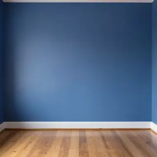 A room with walls in #4A90D9 (medium blue) with warm wooden 