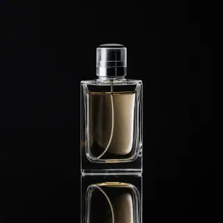 A clear glass perfume bottle on a reflective black surface w