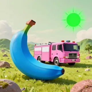 A pink fire truck, a blue banana, and a green sun in a surre