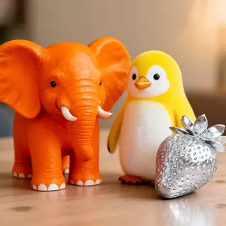 An orange elephant, a yellow penguin, and a silver strawberr