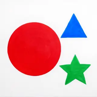 A large red circle, a small blue triangle, and a medium gree