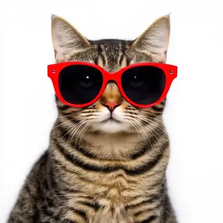 A tabby cat wearing oversized red sunglasses