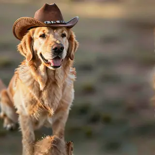 A golden retriever wearing a tiny cowboy hat