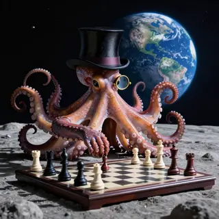 An octopus wearing a top hat and monocle playing chess on th