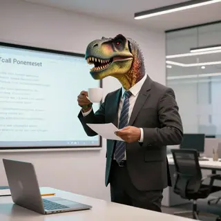 A dinosaur in a business suit giving a PowerPoint presentati