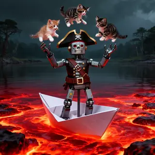 A robot dressed as a pirate sailing a paper boat on a lake o