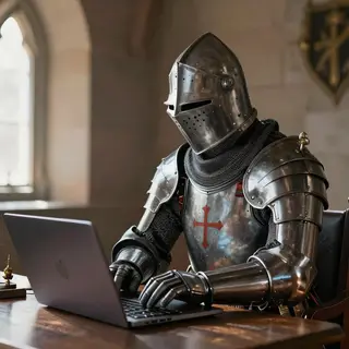 A medieval knight in full armor sitting at a desk typing on 