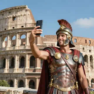 A Roman gladiator taking a selfie with a smartphone in the C