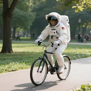 An astronaut in a spacesuit riding a bicycle through a park