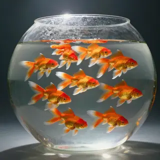 Exactly 9 goldfish swimming in a large round fishbowl